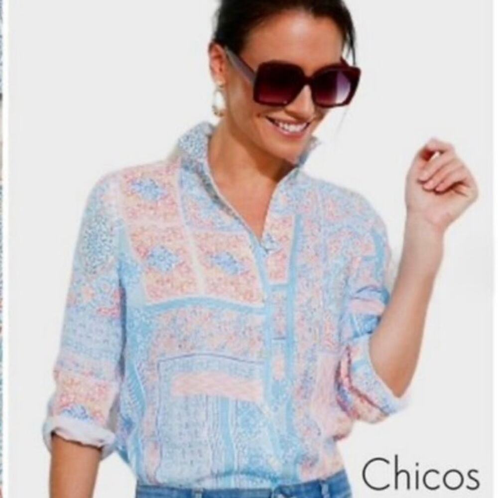 Chico's No Iron Coastal Tile Linen Button Up Shirt Size 12 Casual Travel Summer
